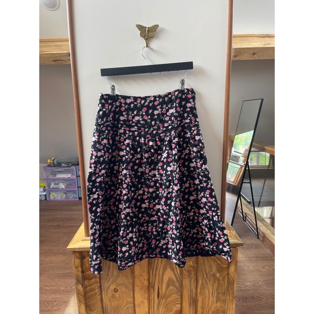 Angie Corduroy Tiered Floral Midi Skirt Womens Size M Black Pink NWT Boho